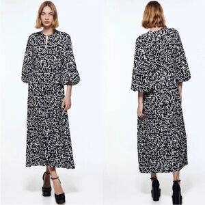 Zara Printed Midi Dress Black White Graphic Geometric M Medium